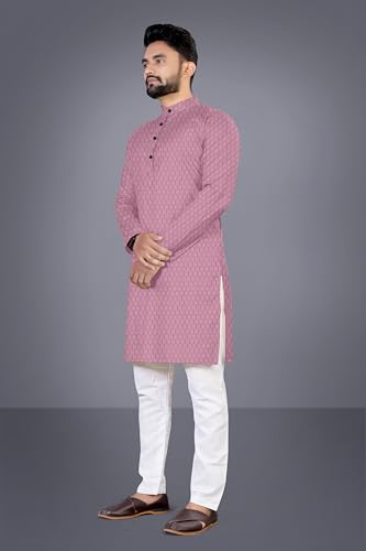 MAYPRA Men's Popcorn Cotton Blend Tailored-Fit Textured Long Kurta Full Sleeves - Casual Ethnic Wear (Large, Pink)