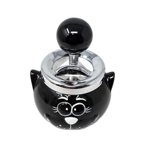 Cute Cat Ceramic Pushdown Ashtray - Black Feline Design with Chrome Lid - Smokers' Retro Novelty Ashtray