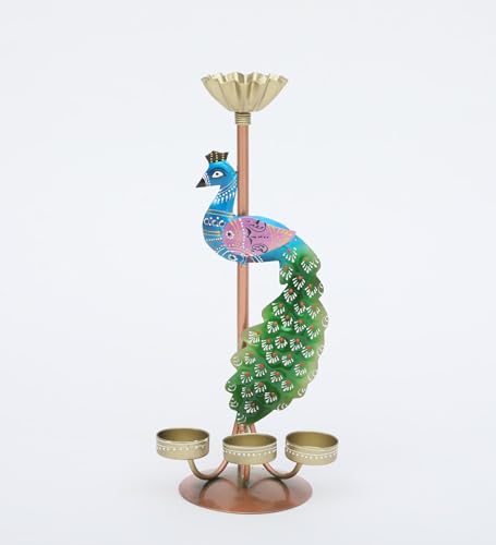 Arunaines Peacock Multicolour Iron Candle Holders | for Home Decor Center Table Bedroom Living Room Office Bathroom Decorative Gift Items