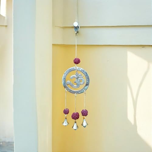 Asha Enchant Decor Brass Symbol Om Rudraksh Wind Chimes for Positive Energy, Perfect for Home Office, balcony, Pooja Room, Temple with Sweet Sound 8 cm Length, 26 cm Height