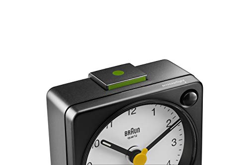 Braun Classic Analogue Travel Alarm Clock with Snooze Function and Light, Compact Size, Quiet Quartz Movement, Crescendo Alarm, Black and White Model BC02XBW