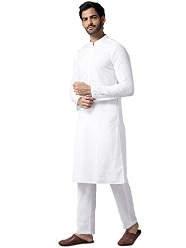 See Designs Mens Kurta | Specially Crafted and Designed for The Eid Festival White Cotton Embroidered Kurta with Pajama Set Mandarin Collar Long Sleeves Chikankari Kurta | SDKT109301L