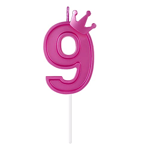 3 Inch Birthday Number Candle, 3D Number Candle with Crown Decor Large Cake Topper Number Candles for Birthday Cakes Wedding Anniversary Graduation Festival Party (Rose Red, 9)