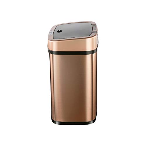 Ninestars Bedroom or Bathroom Automatic Touchless Infrared Motion Sensor Trash Can, 3 Gal 12L, Stainless Steel Base (Rectangular, Rose Gold/Black Lid)