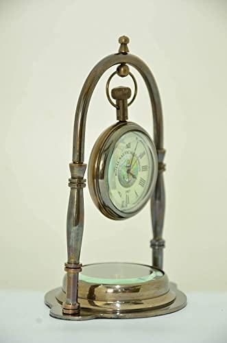 Royal Nautical Handmade Nautical Antique Brass Desk & Shelf Clock with Compass Base Antique Brass Desk Hanging Clock with Compass – Roman Dial.(Set of 5 Pieces)