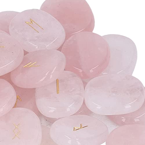 Stones Set, Natural Rune Stones Set Smoother Engraved Fine Polishing with Storage Bag for Gift (Rose Quartz)