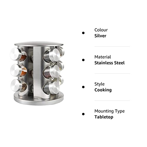 Matiko Spice Jar Rack Revolving Rotating Tiered Shelf Countertop, Spice Organizer, Seasoning Set, Spice Carousel Stainless Steel Stand Storage Holder With 12 Pcs Glass