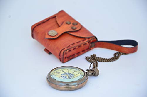 USEW Handmade Roman Dial Antique Vintage Style Brass Clock with Chain and A Brown Leather Case