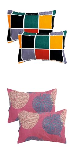 A.R. LIVING- Prime Combo Pack of 2 Double Bedsheet with 4 Pillow Covers | 160 TC Soft Brushed Glace Cotton -Long Lasting & Wrinkle Free - | 240X228 Cm Or 7.8X7.5 Ft-Pink & Multicolor chq