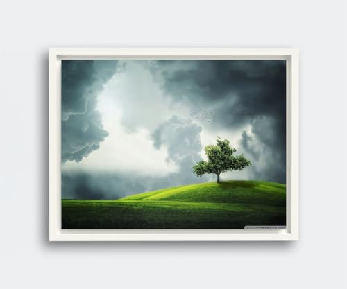 VERRE ART Printed Framed Canvas Painting for Home Decor Office Wall Studio Wall Living Room Decoration (14x10inch White Floater) - Lone Tree on a Hill