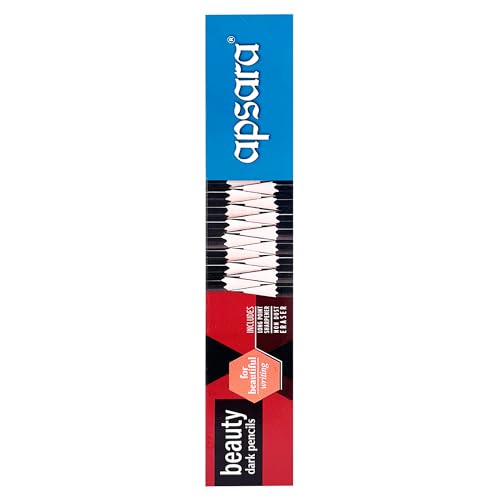 Apsara Beauty Pencils, Hexagonal Body for Strong Grip, Classic Black Design for Premium Look, Good Handwriting, Free Sharpener & Eraser, Non-toxic (Pack of 10 Pencils)