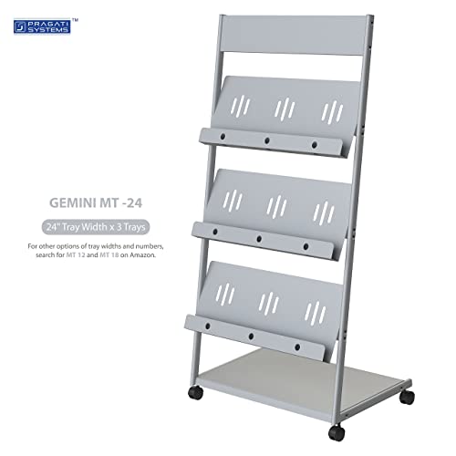 Pragati Systems Prime Quality Crca Steel Gemini 3-Tray Magazine Display Stand, Grey, Tiered Floor Standing Or Tabletop Shelf