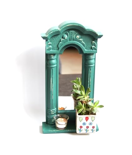 CULTURWAY Greenrey Wooden Rectangular Wall Hanging Jharokha Wall Mount Framed Mirror for Living Room, Bedroom, Home Decor (44x24.5x7.8 cms)