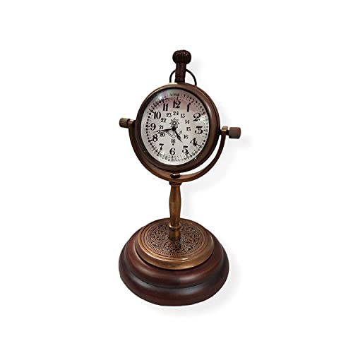 Regal Nautical Antique Vintage Brass Desk Clock with Wooden Base Handmade Gift