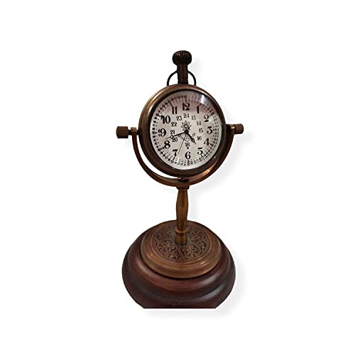 Regal Nautical Antique Vintage Brass Desk Clock with Wooden Base Handmade Gift