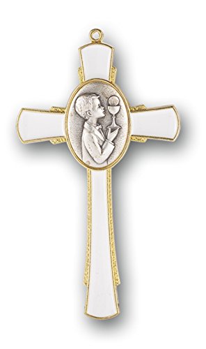 Boys First Communion Cross in White Enamel with Antique Gold and Silver Toned Finish, 4 1/2 Inches