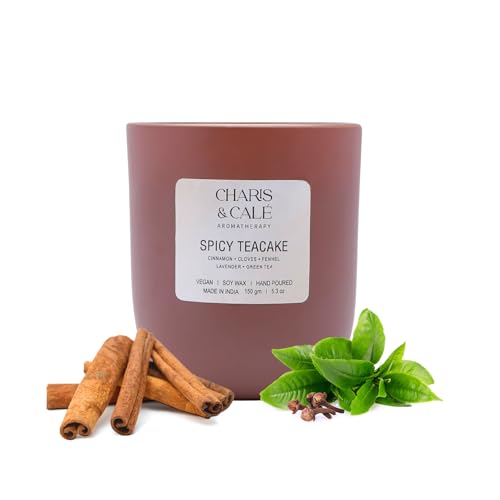 Charis & Cale Spicy Teacake Candle Jar - 150 Gm | Smokeless, Soot-Free & Non-Toxic Candles for Home Decor & Aromatherapy | Long Burning Time of 25+ Hours | Best for Gifting & Meditation