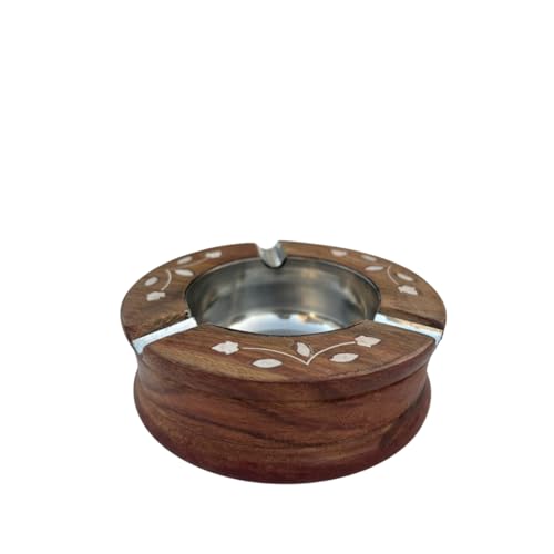 Handcrafted Wooden Ashtray with Metal Insert, Round Shape, Floral Inlay Design, Brown