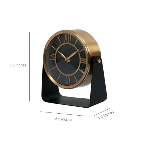 Decor de Maison Handcrafted Gold Black Metal Table Analog Clock For Livingroom Bedroom Kids Room Study Table Centre Table Office Desk (8 Inch Height)