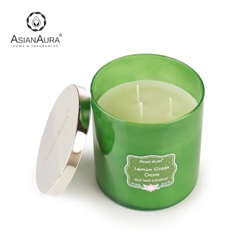 Asian Aura 3-Wick Soy Blend Aromatherapy Jar Candle | Smokeless Luxury Scented Candle for Home Decor, Events, Relaxation & Gifting | Long-Lasting Fragrance - Pack of 1 (Lemongrass)