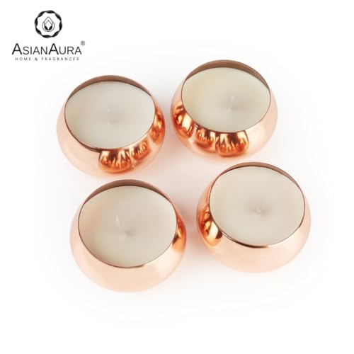 Asian Aura Scented Metal Jar Candle | Soy Blend Aroma Candle | Smokeless Scented Candle for Home Decor, Events, Relaxation & Gifting | Long-Lasting Jar Candle Pack of 4 (Copper, Sandalwood)