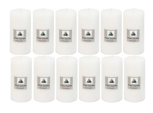 Stone & Feather, White Unscented Pillar Candle 3 x 6 Inch Bulk Set of 12 - Dripless, Smoke-Less, Paraffin Wax, Burning time 110 Hours Each. Wedding or Home