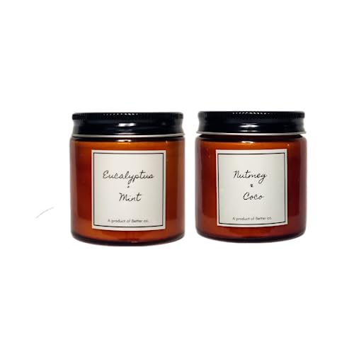 Better co Scented Soy Wax Amber Jar Candle Organic Luxury Aroma Burning Time Upto 20 Hours. Combo Pack of Nutmeg + Coco and Eucalyptus + Mint