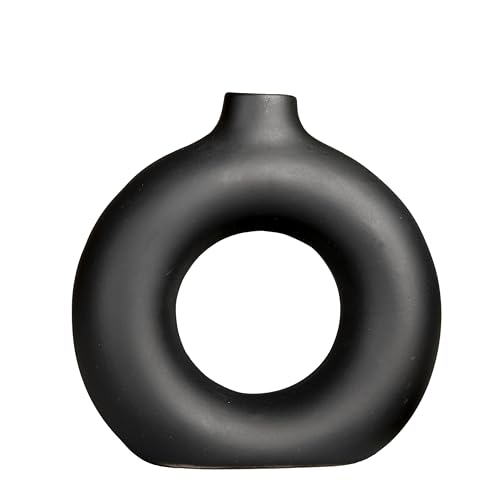 Wonder Care Ceramic Black Donut Vase: Perfect for Home Decor and Pampas Grass, 5 inches (Single vase).