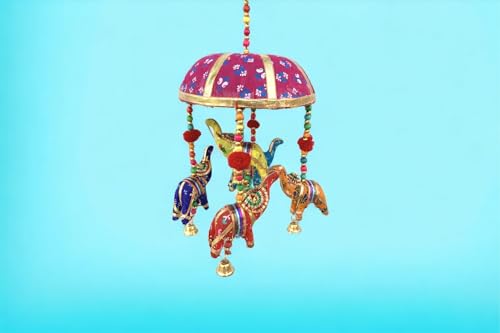 Town Craft Traditional Windchimes|Cotton Fabric Pompom Handmade Toran with 5 Decorative Hanging Elephants