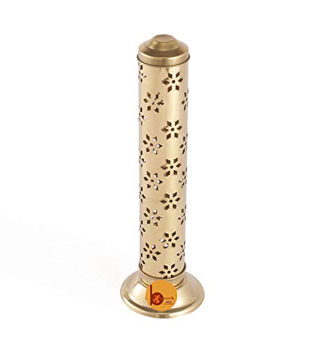 Besnik Arts Pure Brass Flower Agarbatti /Incense Stick Stand/Holder with Dust and Burn Safety Ash Catcher (Gold , Height : 11.5 Inch)(Cylindrical)