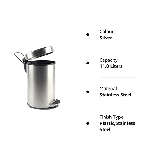 King International Stainless Steel Plain Pedal Dustbin with Plastic for Kitchen, Bucket 11L, (10"X15"), dustbin for kitchen, dustbin for kitchen 10 ltr with lid, dustbin with lid, dustbin for bedroom,dustbin for hotel room and bathroom