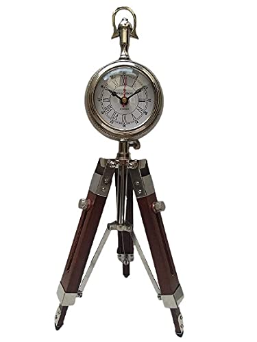 Relico Handicraft Wooden Tripod Table Stand Clock Steel Finish Antique Look Stylish Roman Clock for Home Living Room