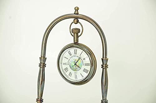 Royal Nautical Handmade Nautical Antique Brass Desk & Shelf Clock with Compass Base Antique Brass Desk Hanging Clock with Compass – Roman Dial.(Set of 5 Pieces)