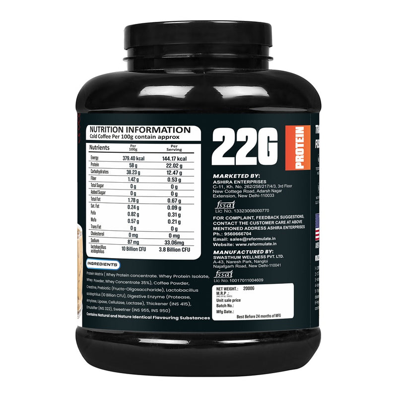 Reformulate I Fusion I Whey Protein I With Pre & Pro Biotics I Muscle Growth I 58G Protein | 379 Kcal Energy | O Cholesterol I Creatine for Strength I Enhances Recovery I Faster Absorption I Nutraceutical I Cold Coffee I 2 KG