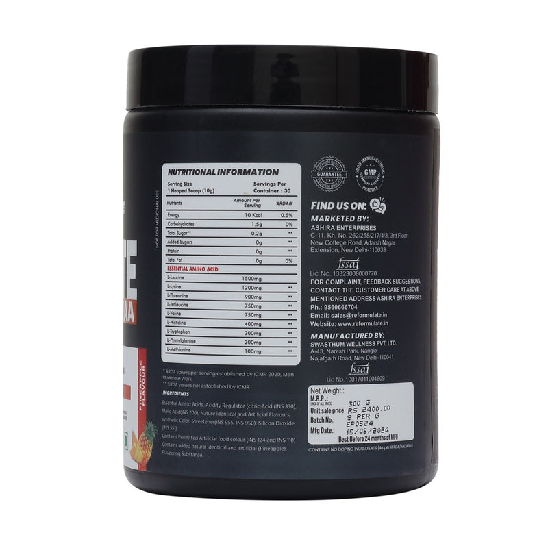 Reformulate I Hydrate EAA I Supports Muscle Recovery I Better Fluid Balance When Exercising I 6G EAA + BCAA | Zero Added Sugar I 6G EAA + BCAA | Zero Added Sugar I Improved Focus I Fluid Balance I Enhanced Endurance I Orange I 300 GM