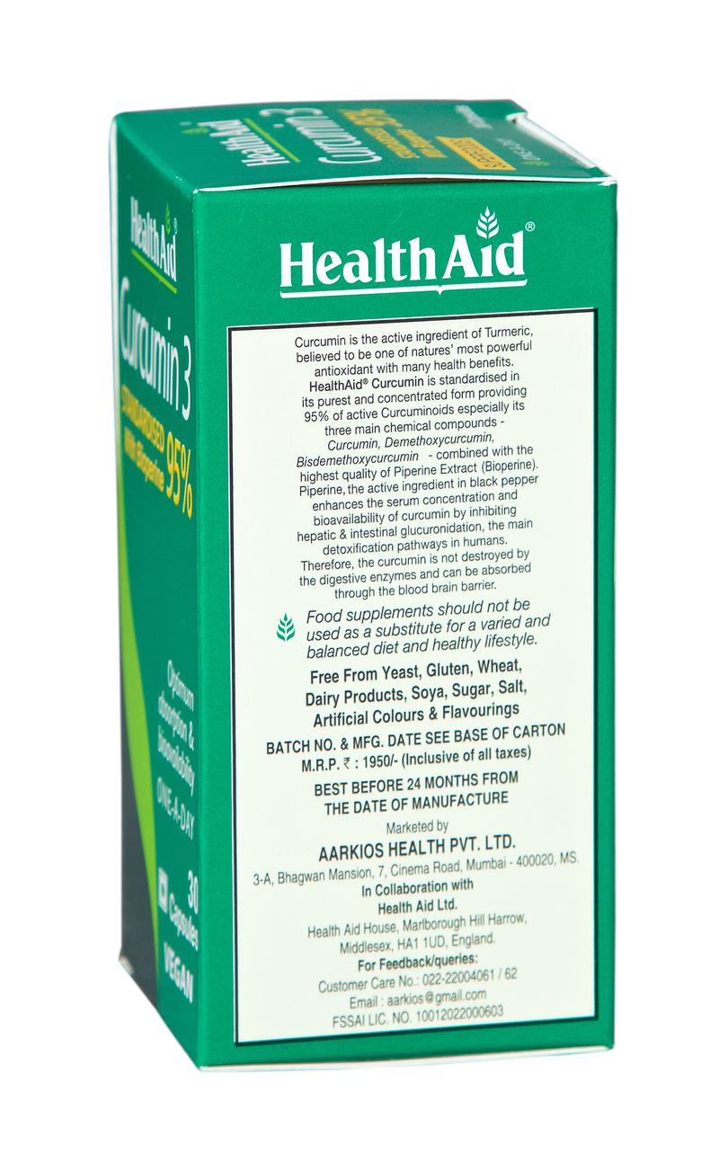 HealthAid I Curcumin 3 I Standardised with Bioperine 95% I 30 Capsules