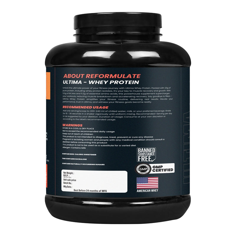 Reformulate I Ultima I Whey Protein with Isolate I 23 G Protein I 5.1G BCAA I 10.8 EAA I  Pre & Probiotics I Enhances Recovery I Faster Absorption I Nutraceutical I Chocolate I Serving 60 I 2 KG