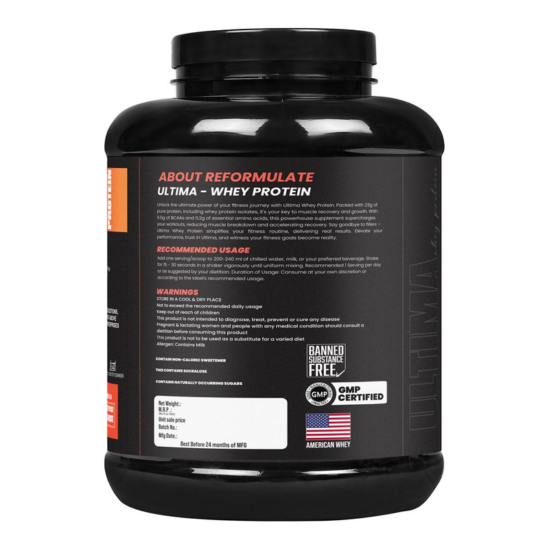 Reformulate I Ultima I Whey Protein with Isolate I 23 G Protein I 5.1G BCAA I 10.8 EAA I  Pre & Probiotics I Enhances Recovery I Faster Absorption I Nutraceutical I Malai I Serving 60 I 2 KG