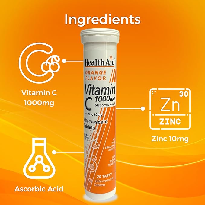 HealthAid I Vitamin C 1000mg I Orange Flavour with Zinc 20 I Effervescent Tablets