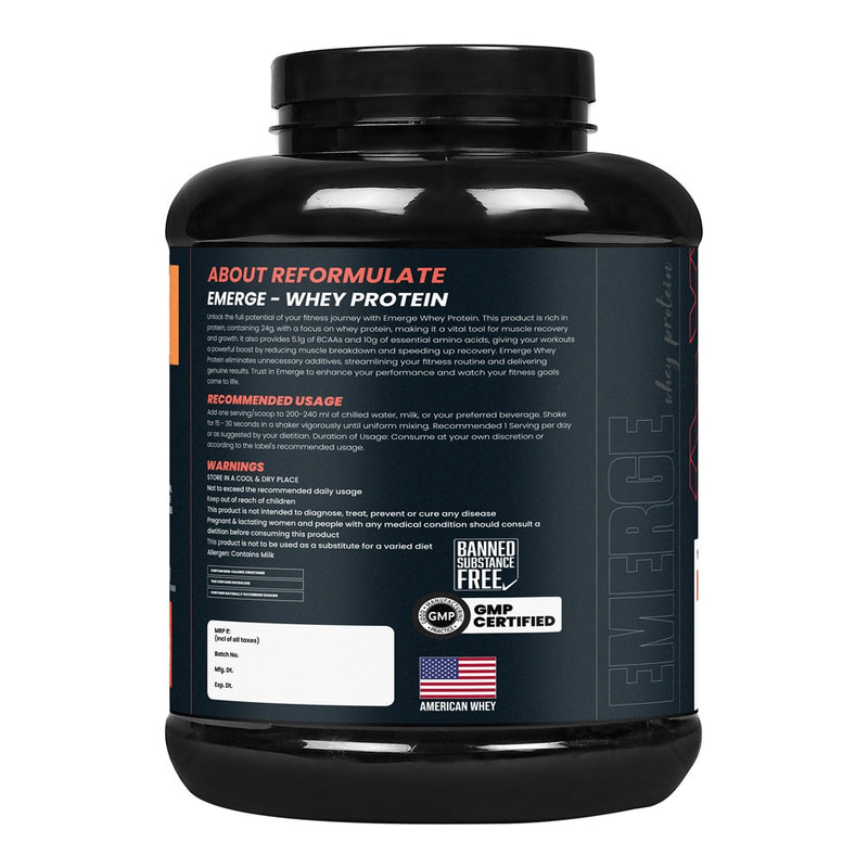 Reformulate I Emerge I Whey Protein I Your Daily Meal Replacement Formula I 20 G I Protein I 5.1 G Bcaa's I 10 G Eaa's I Enhance Recovery I 100% Authentic I Premium Ingredients I 60 Servings I Nutraceutical I Chocolate I 2 KG