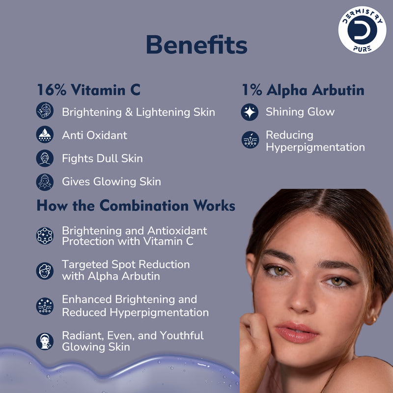 Dermistry 16% Vitamin C 1% Alpha Arbutin Skin Whitening Lightening Brightening Instant Glowing Fairness Face Serum for Removes Pigmentation Dark Spots Correcting Skin Radiance Sun Damage Repair-30ml