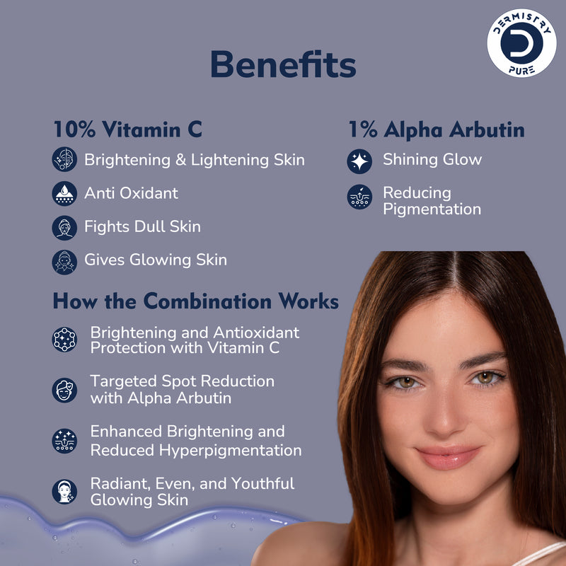 Dermistry 10% Vitamin C 1% Alpha Arbutin Skin Whitening Lightening Brightening Instant Glowing Fairness Face Serum for Removes Pigmentation Dark Spots Correcting Skin Radiance Repair Sun Damage 30ml