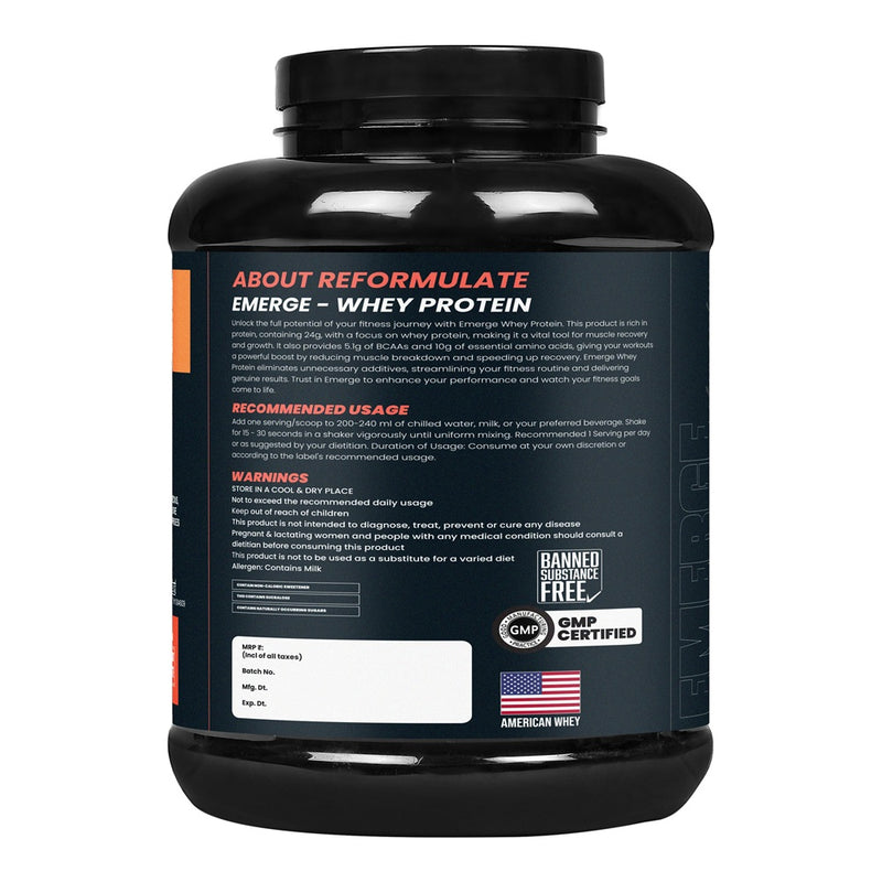 Reformulate I Emerge I Whey Protein I Your Daily Meal Replacement Formula I 20 G I Protein I 5.1 G Bcaa's I 10 G Eaa's I Enhance Recovery I 100% Authentic I Premium Ingredients I 60 Servings I Nutraceutical I Malai Kulfi I 2 KG