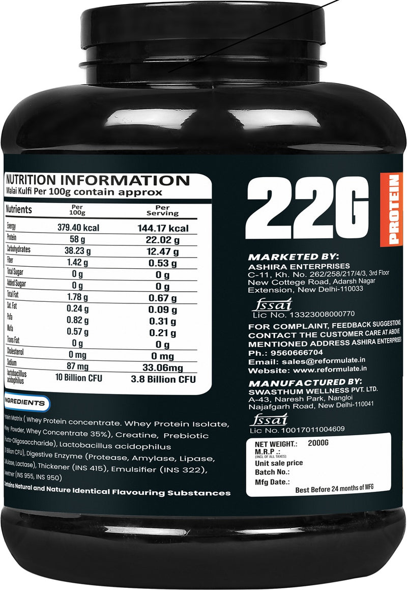 Reformulate I Fusion I Whey Protein I With Pre & Pro Biotics I Muscle Growth I 58G Protein | 379 Kcal Energy | O Cholesterol I Creatine for Strength I Enhances Recovery I Faster Absorption I Nutraceutical I Malai Kulfi I 2 KG