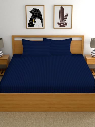 WUSA 210 TC Satin Double Bed Striped Fitted (Elastic) Bedsheet (Pack of 2) (Dark Grey, Navy Blue)