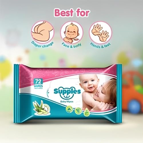 Supples Baby Wet Wipes with Aloe Vera and Vitamin E, 72 Pieces, White (Pack of 6)