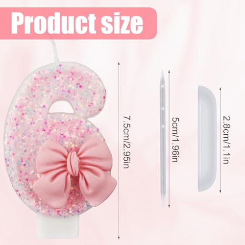 0-9 Birthday Candles, 2.95 inch Pink Bow Glitter Number Candles Cake Topper Decorations for Kids Girls Adults Birthday Wedding Anniversary Party Supplies(6)