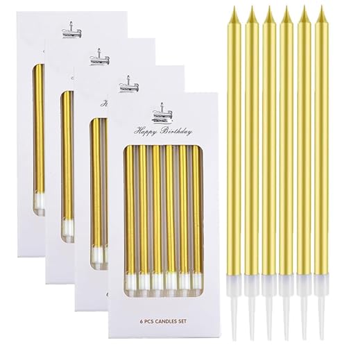 24-Count Gold Long Thin Metallic Birthday Candles, Candle Baked Dessert Cake Party Romantic Atmosphere Decoration Birthday Cake Top Decoration Wedding Anniversary Party