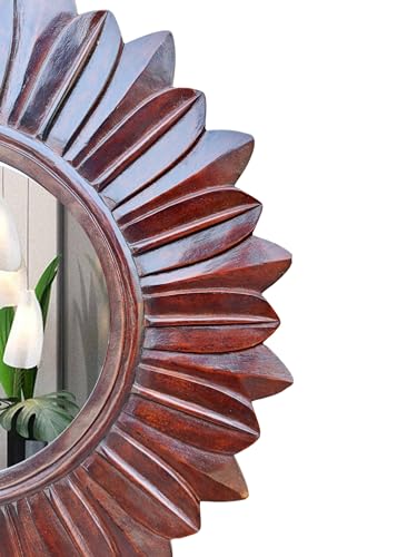 SHAN HANDICRAFTS Hand Carved Round Wooden Mirror Frame for Wall Décoration of Living Room, Bedroom, Bathroom, Hallway, Office etc. Walnut Brown Finish 22x1x22 inch