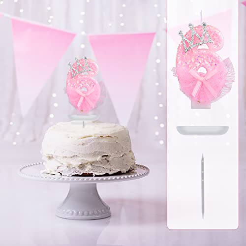 Birthday Number Candles, 2.95 Inch Crown Bow Mesh Candle Glitter Pink Number Candles Cake Topper Birthday Candles with Sequins for Anniversary Celebrations Supplies (Number 6)